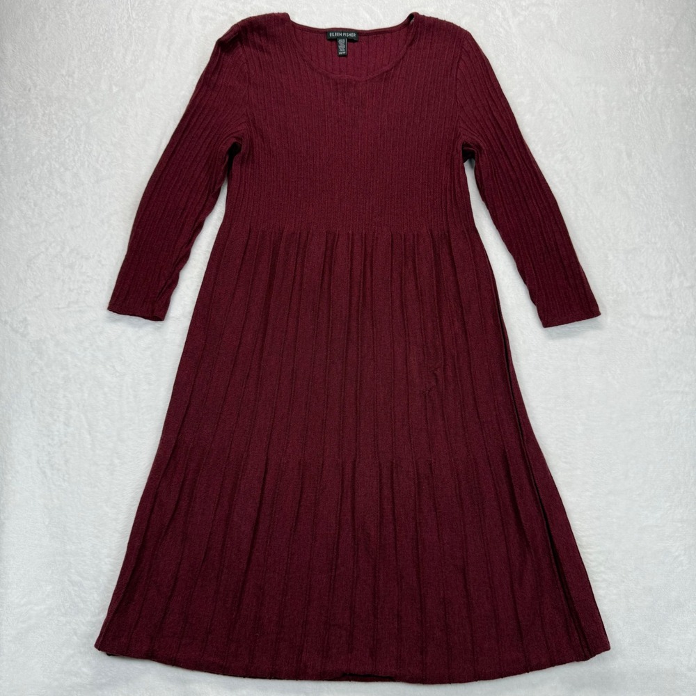 Eileen Fisher XS Wool Knit Dress Burgundy Red Long Sleeve‎ Ribbed A Line READ